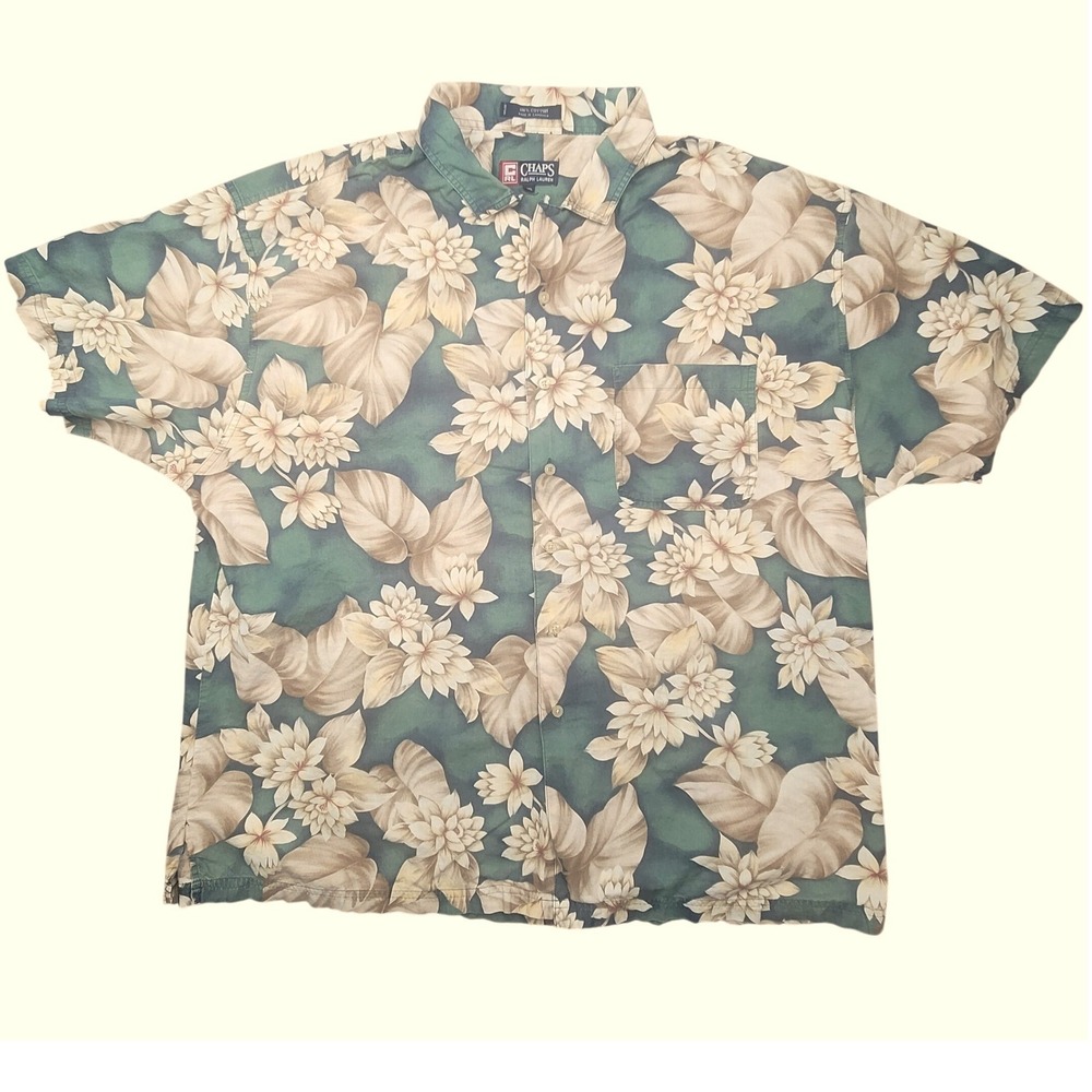 Chaps Ralph Lauren Mens XXL Green‎ Floral Tropical Cotton Short Sleeve Button Up